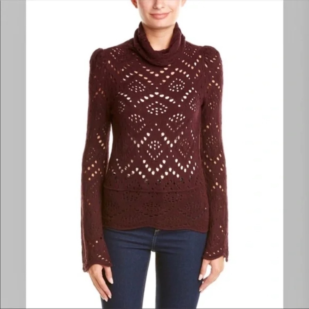Free People Shoot From The Heart Sweater Turtle Neck Open Knit Bell Sleeve Small